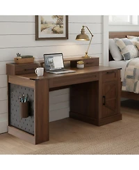 Streamdale Furniture 55" Farmhouse Office Desk with Storage, Barn Door Design, Keyboard Tray, Monitor Stand
