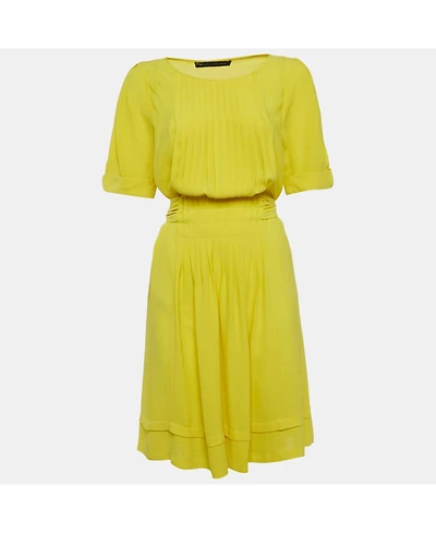 Pre-Owned Balenciaga Women's Yellow Silk Puff Sleeve Pleated Mini Dress