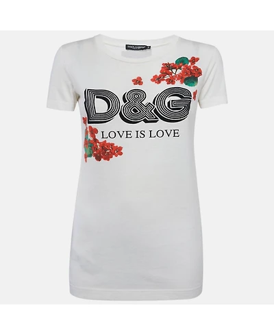 Pre-Owned Dolce & Gabbana Women's White Floral Print Jersey T-Shirt