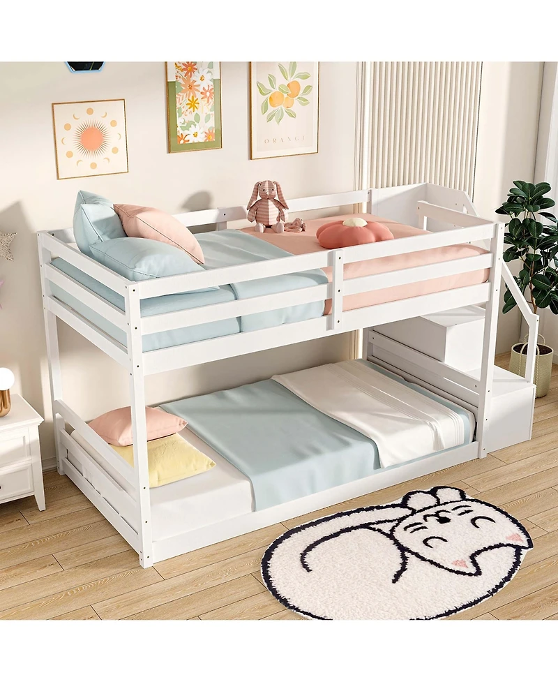 Costway Twin Over Twin Low Bunk Bed Solid Wood Floor Bunk Bed Frame with Storage Stairs