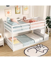 Costway Twin Over Twin Low Bunk Bed Solid Wood Floor Bunk Bed Frame with Storage Stairs