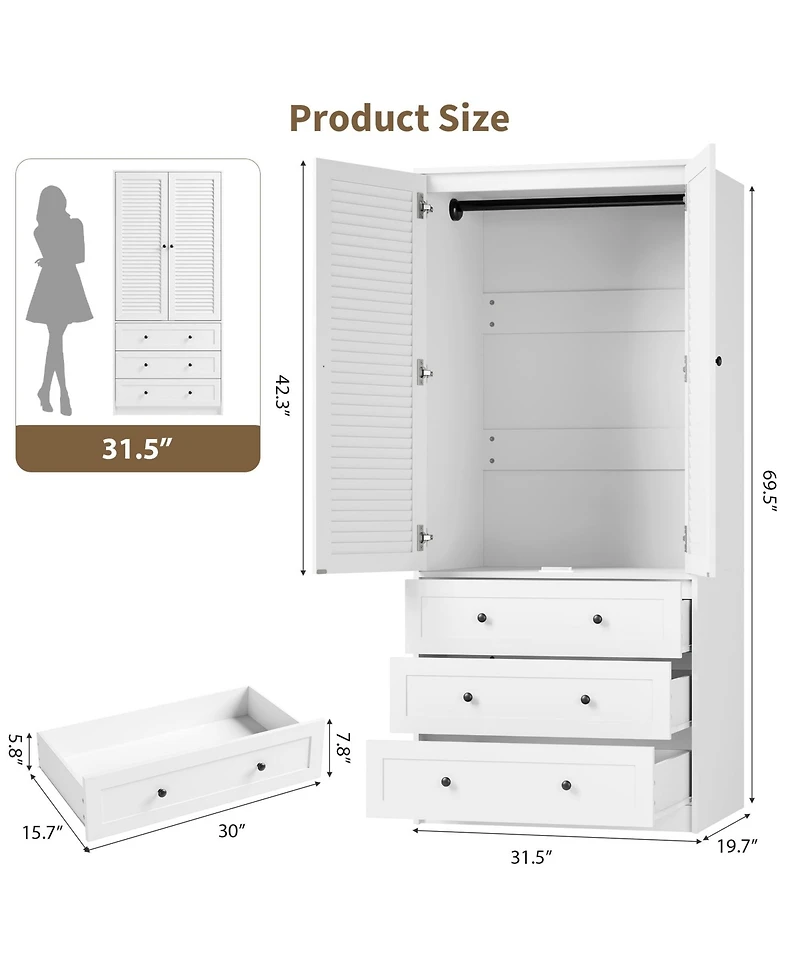 gaomon Armoire Wardrobe Closet with Drawers, 69.5" Wooden Wardrobe Cabinet with Hanging Rod & Doors, White