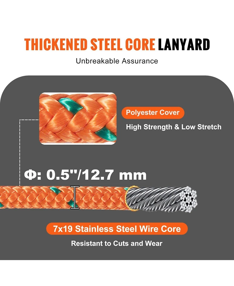 Mecale 1/2" x 8' Steel Core Arborist Flipline, Tree Climbing Flip Line with Alloy Steel Snap Hook, Aluminum Carabiner, Tool Lanyard