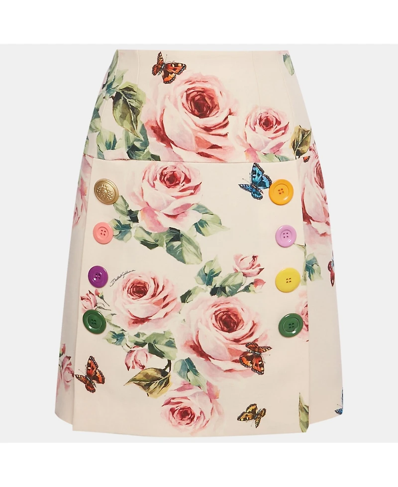 Pre-Owned Dolce & Gabbana Women's Pink Rose Print Crepe Button Detail Mini Skirt