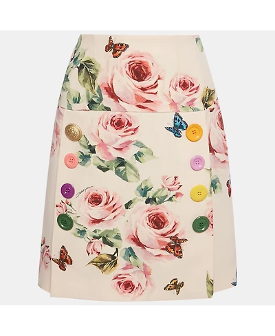 Pre-Owned Dolce & Gabbana Women's Pink Rose Print Crepe Button Detail Mini Skirt