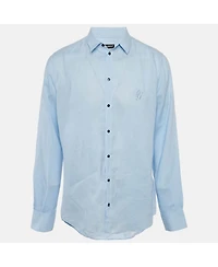 Pre-Owned Dolce & Gabbana Men's Blue Linen Logo Embroidered Shirt