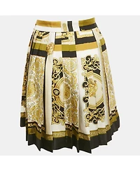 Pre-Owned Versace Women's Yellow/black Barocco Print Silk Pleated Mini Skirt