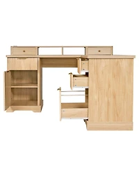 Streamdale Furniture 59" Modern Fluted L-Shaped Desk with Charging Station & Storage Cabinet - Oak