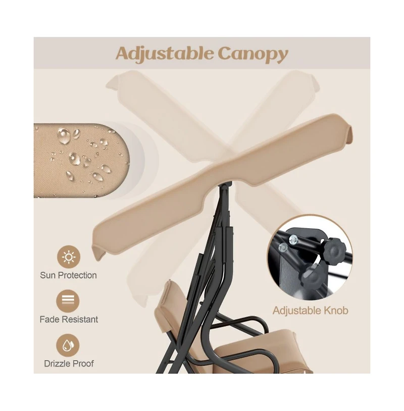 3 Seat Outdoor Patio Canopy Porch Swing with Cushioned Steel Frame