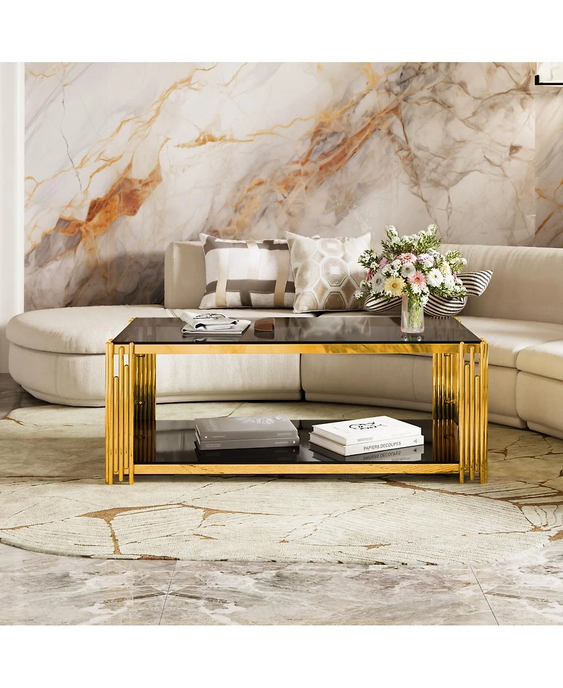 Streamdale Furniture Modern Black Mirror Coffee Table with Gold Finish & Shelf, 47.5