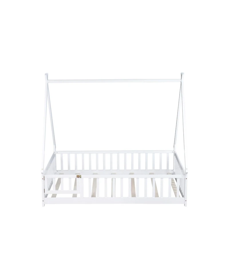 Streamdale Furniture Full Size Rubber Wood Tent-shaped Floor Bed,with Guardrails,Slats and Door