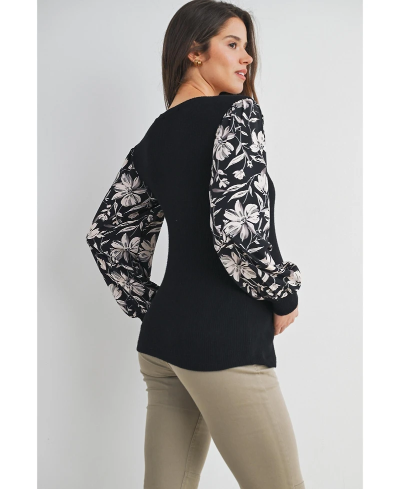 Hello Miz Maternity Ribbed Scoop Neck Floral Puff Sleeve Top