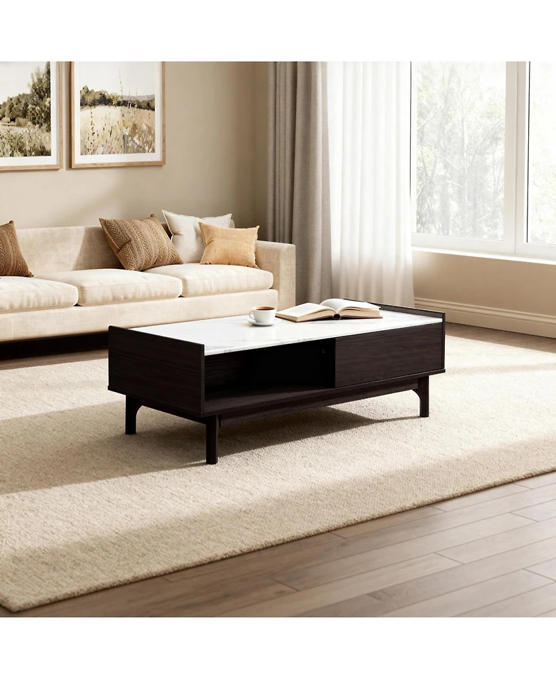 LuxenHome Modi Wenge Coffee Table with 1 Door, Open Storage & Raised Sides, Faux Marble Top, Manufactured Wood