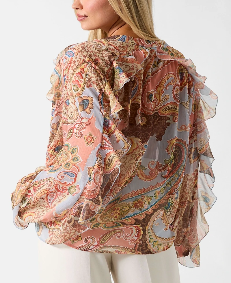 Guess Women's Paisley Ruffle Long-Sleeve V-Neck Top