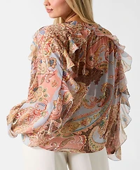 Guess Women's Paisley Ruffle Long-Sleeve V-Neck Top