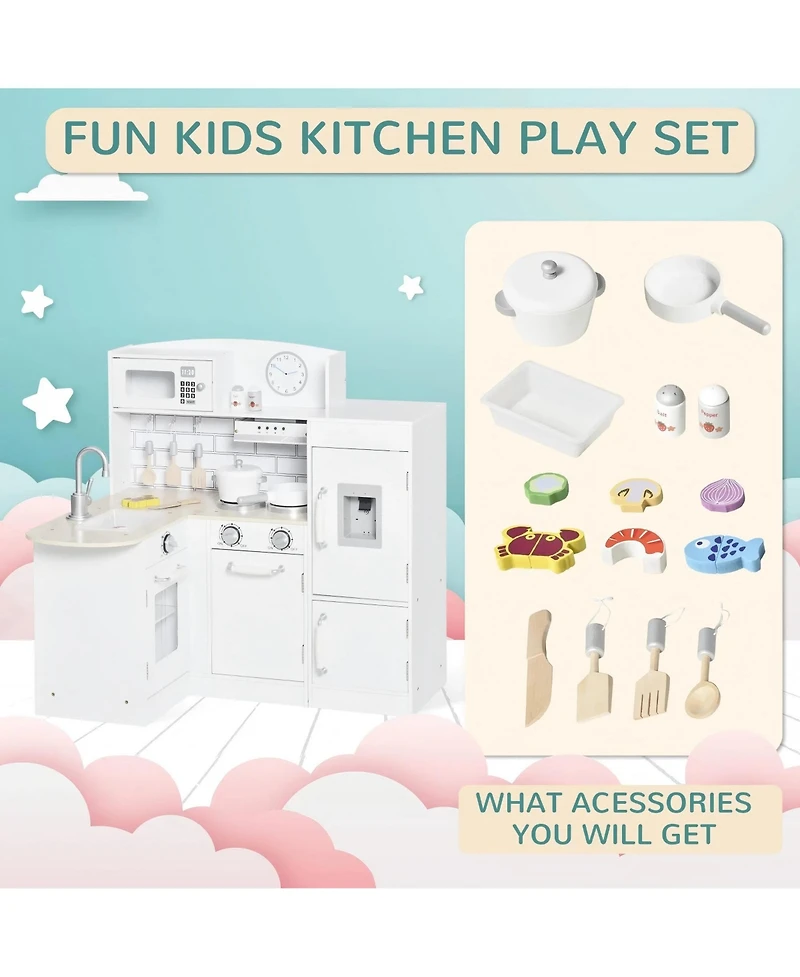 Corner Kids Play Kitchen Set with Detachable Refrigerator Sink and Fourteen Accessories for Ages Three and Up