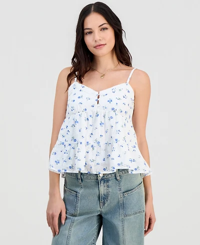 Madden Girl Juniors' Printed Eyelet Babydoll Top