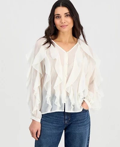 I.n.c. International Concepts Petite V-Neck Ruffled Blouse, Created for Macy's