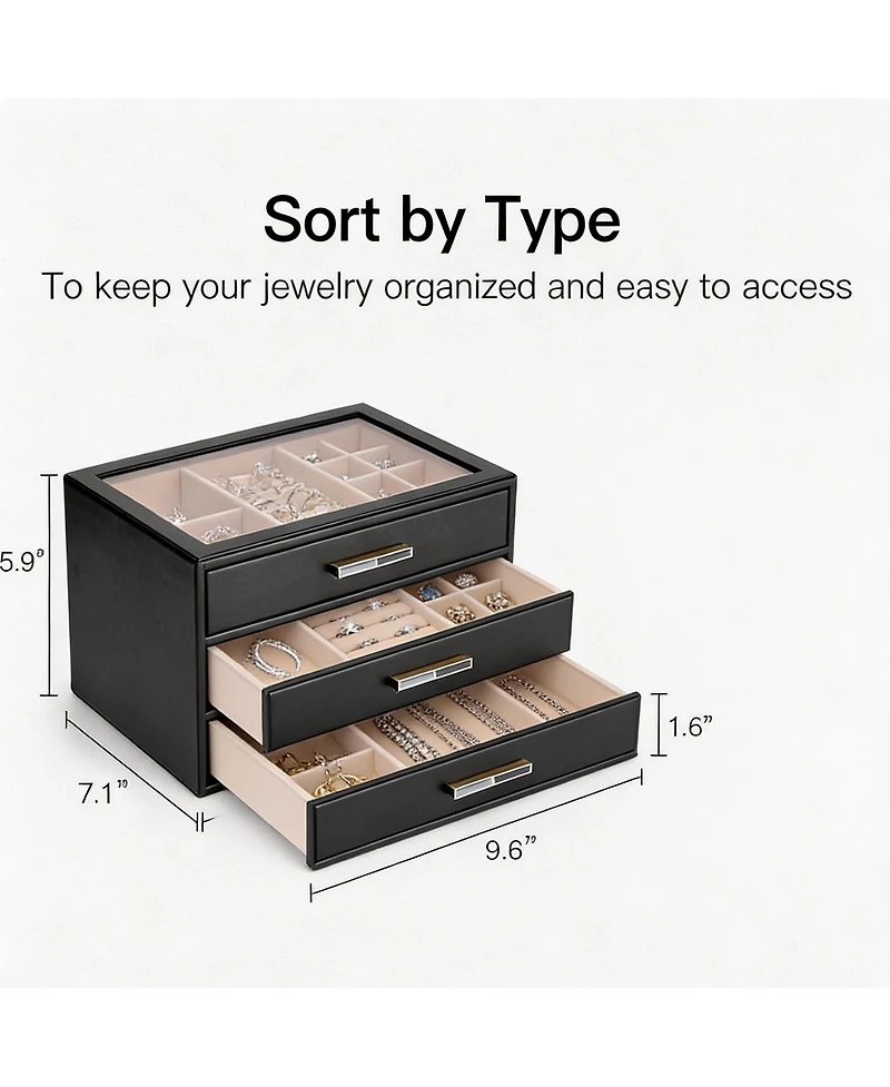 Yigii 3 Layer Leather Jewelry Box with Clear Lid and Gold Hardware