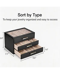 Yigii 3 Layer Leather Jewelry Box with Clear Lid and Gold Hardware