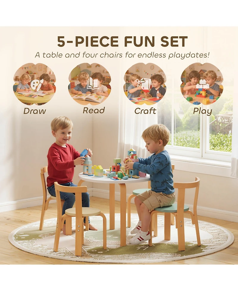 Hongge 5 Piece Kids Table and Chair Set for Ages Three to Eight Solid Wood Play Furniture