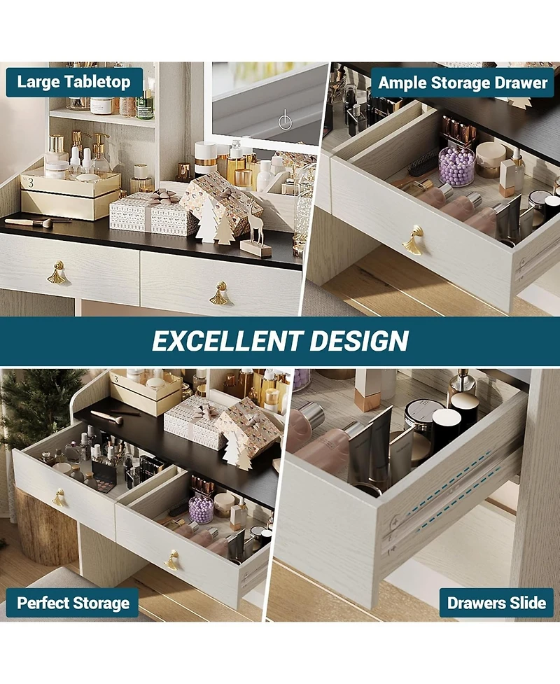 Gaomon Vanity Desk Mirror Lights and Charging Station Modern Vanity Set for Bedrooms, Apartments, Easy to Assemble