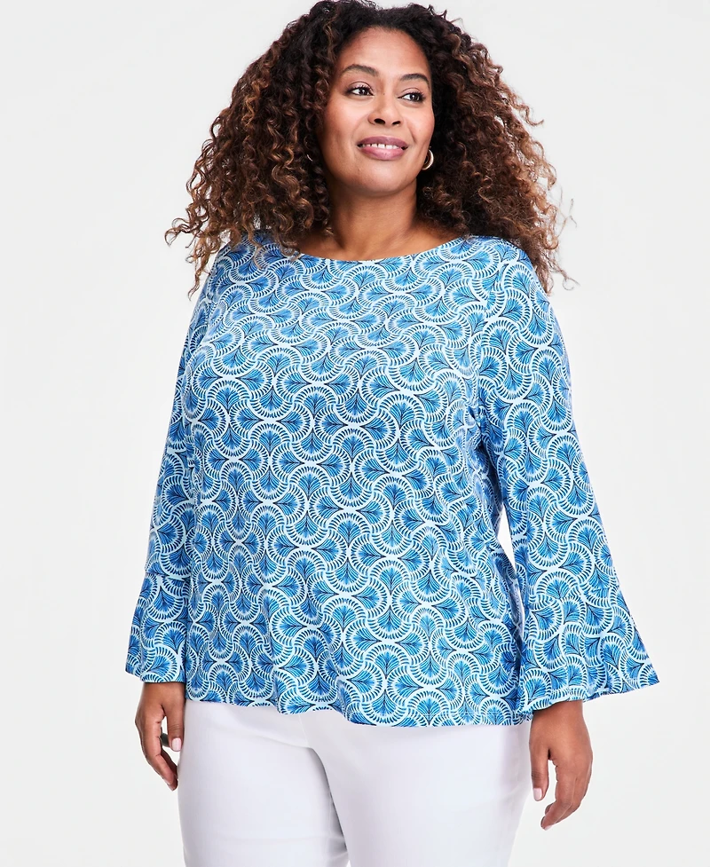 Jm Collection Plus Winding Leaves Flare Sleeve Boat Neck Top