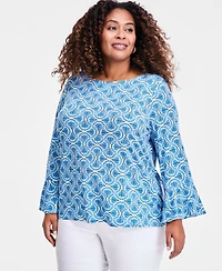 Jm Collection Plus Winding Leaves Flare Sleeve Boat Neck Top