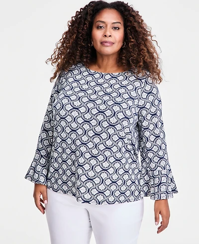 Jm Collection Plus Winding Leaves Flare Sleeve Boat Neck Top