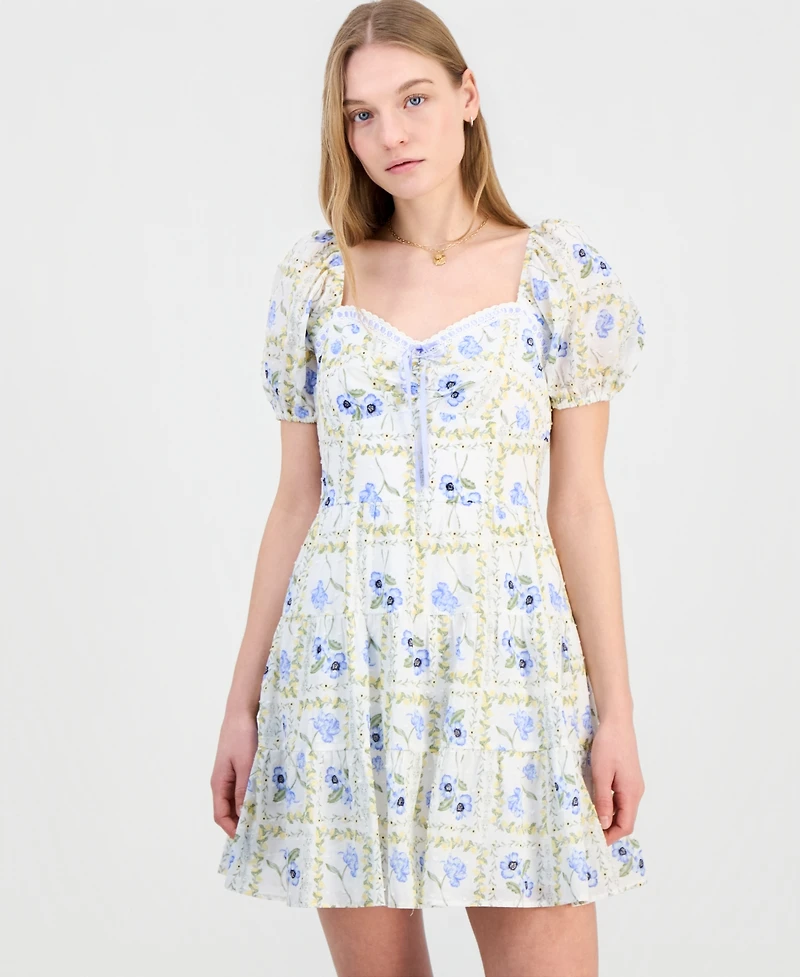 Kingston Grey Juniors' Sweetheart-Neck Puff-Sleeve Mini Dress