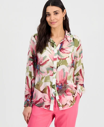 I.n.c. International Concepts Petite Printed Long-Sleeve Blouse, Created for Macy's