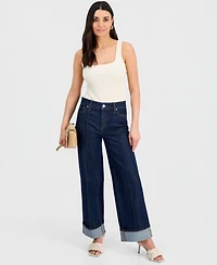 I.n.c. International Concepts Petite High-Rise Pintuck Cuffed Wide-Leg Jeans, Created for Macy's