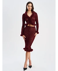 Miss Circle Women's Halia Burgundy Animal Print Burnout Velvet Fur Trim Skirt