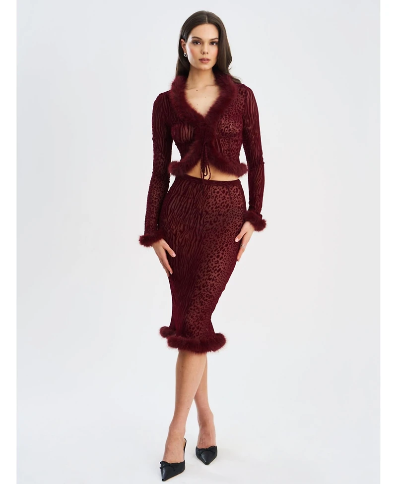 Miss Circle Women's Hali Burgundy Animal Print Burnout Velvet Fur Trim Top