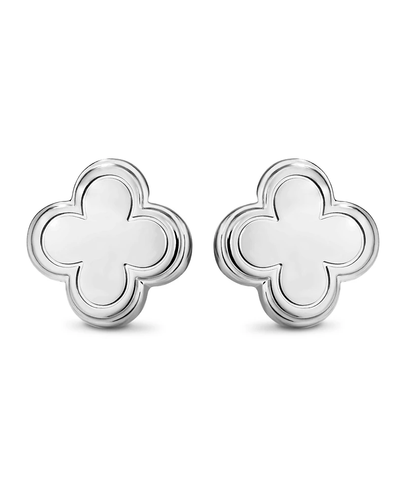Devata Contour-lined Clover Stud Earrings in Rhodium Plated Sterling Silver