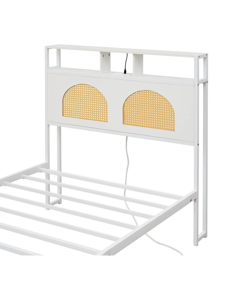 Streamdale Furniture Twin Bed Frame with Headboard, Led & Charging Station, Rattan Headboard