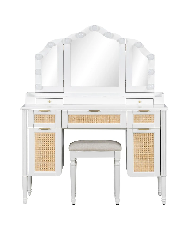 Streamdale Furniture Makeup Vanity Desk with 13 Hollywood Bulbs, 3 Lighting Modes, Tri-Fold Mirror, 5 Drawers