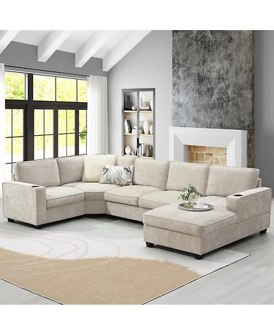 Streamdale Furniture U-Shaped Sectional Sofa, 6 Seat Chenille Corner Couch with Cup Holders & Chaise
