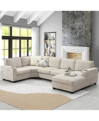 Streamdale Furniture U-Shaped Sectional Sofa, 6 Seat Chenille Corner Couch with Cup Holders & Chaise