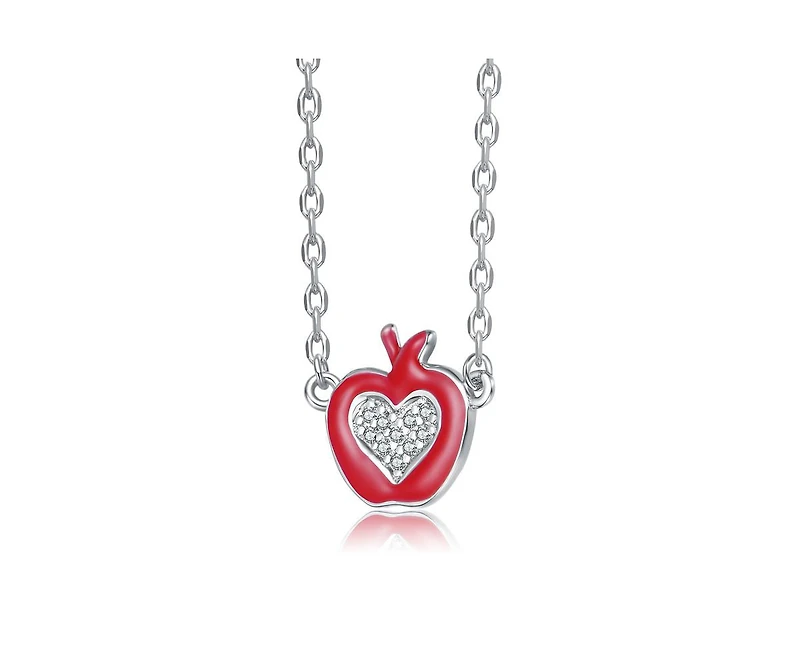 Rachel Glauber Whimsical Red Enamel Apple Shape Necklace in White Gold Plated