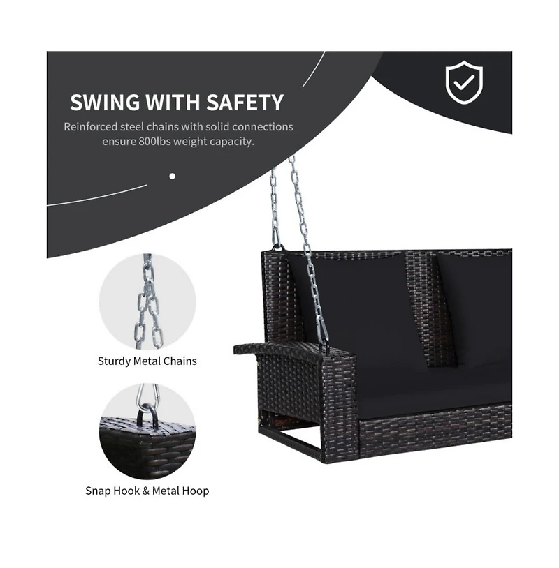 2-Person Wicker Hanging Porch Swing with 2 Back Cushions and 1 Seat Cushion