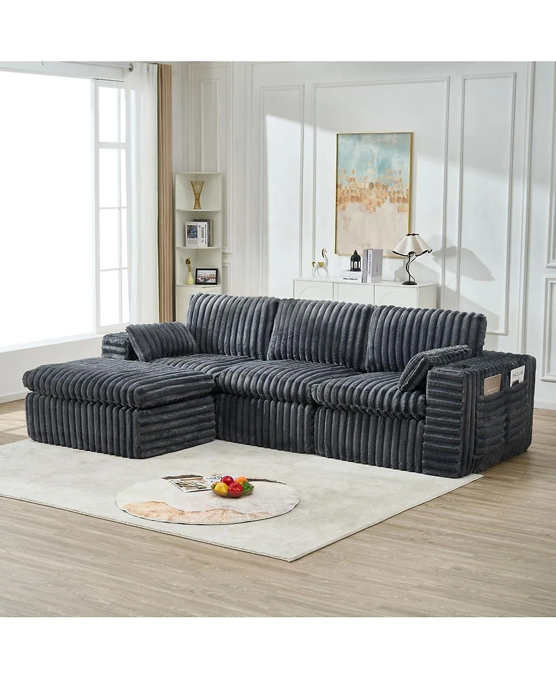 Streamdale Furniture Luxury Ribbed Chenille Upholstered Modular Sectional Sofa with Ottoman-Gray