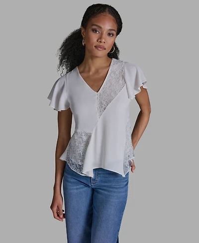 Bcbg Women's Crewneck Flutter-Sleeve Asymmetrical Lace Top