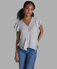Bcbg Women's Crewneck Flutter-Sleeve Asymmetrical Lace Top