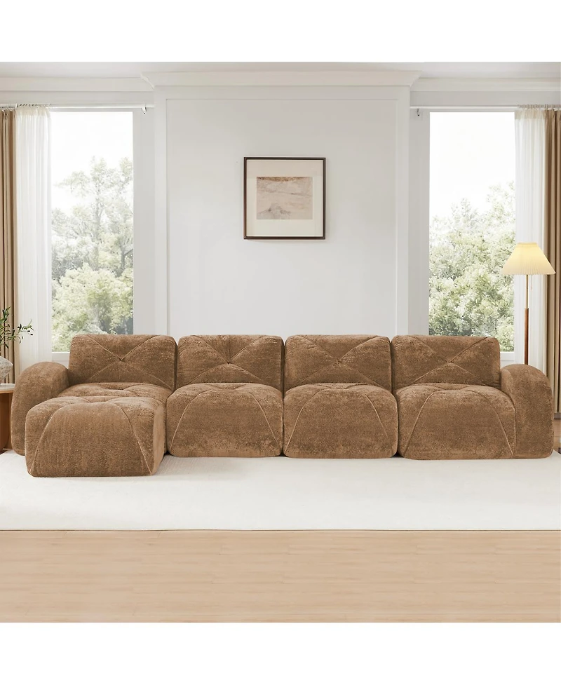 Streamdale Furniture L-shaped Velvet Tufted Sofa with Movable Ottoman, Camel