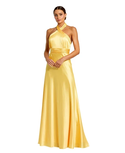 Mac Duggal omen's Ruched Halter Neck Tie Back Satin Gown