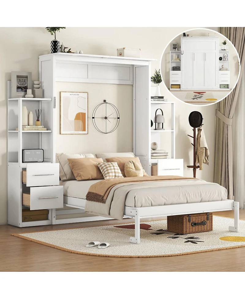 Streamdale Furniture Full Size Murphy Bed Wall Bed with Shelves, Drawers and Led Lights