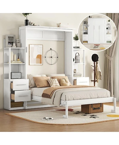 Streamdale Furniture Full Size Murphy Bed Wall Bed with Shelves, Drawers and Led Lights