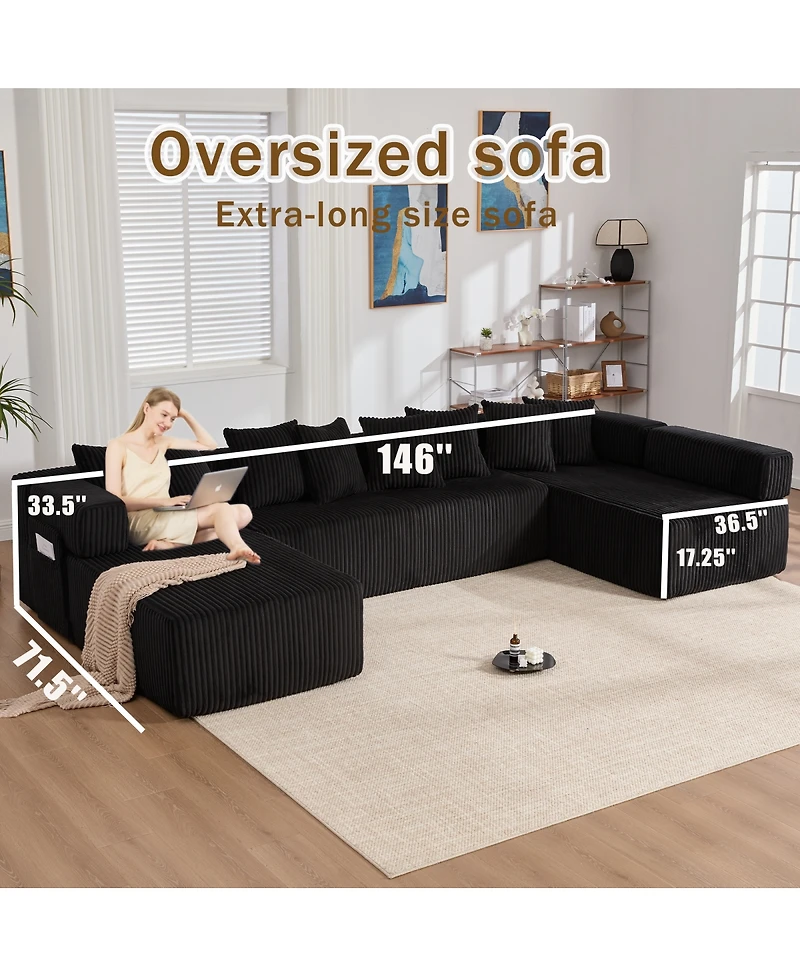 Streamdale Furniture 146" U-Shaped Convertible Sleeper Sectional Sofa, 5 Seats, 8 Pillows