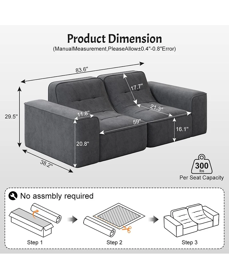 Streamdale Furniture 83.6" Modular 3-Seater Sofa with Tufted Design & Sparkling Chenille